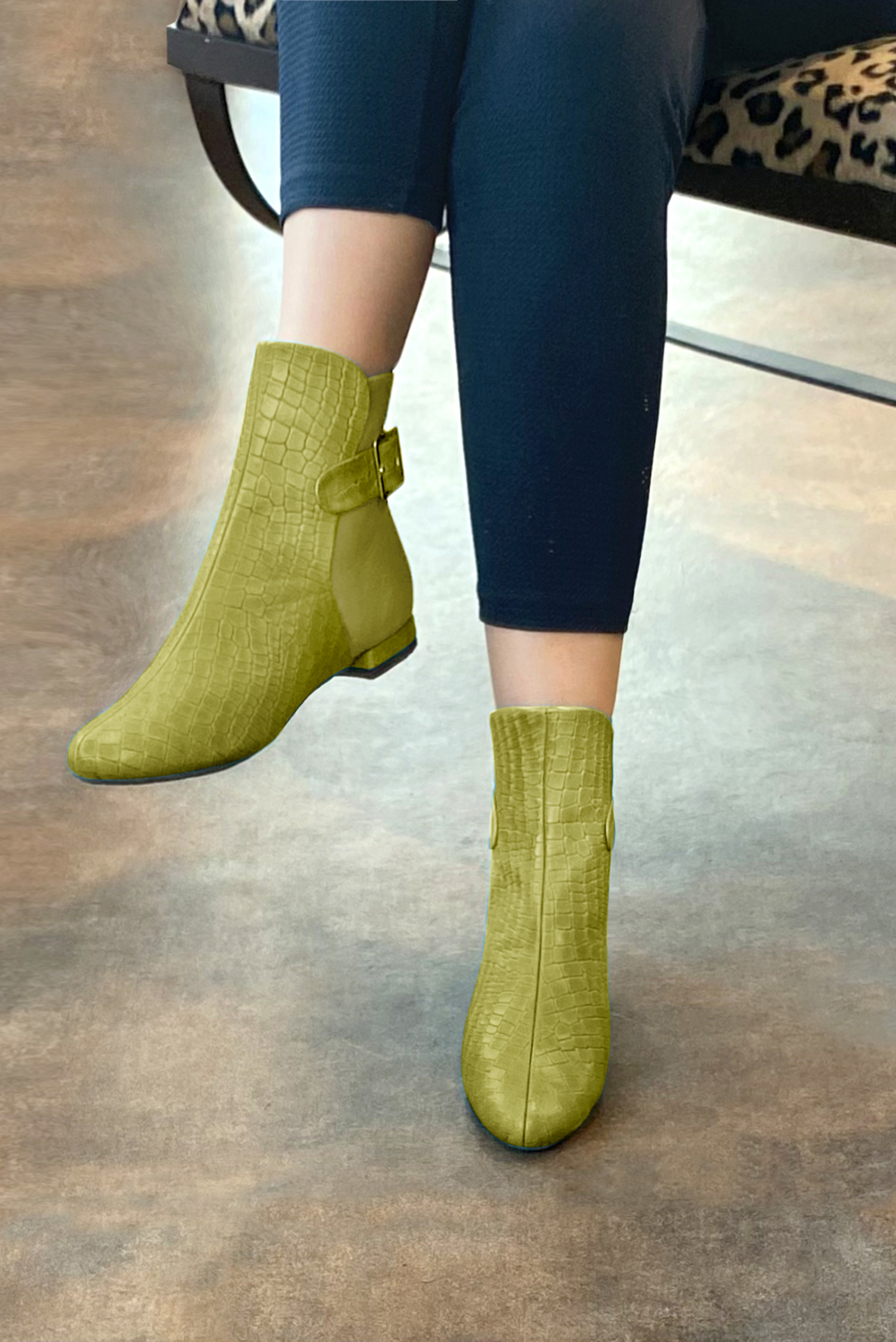 Pistachio green women's ankle boots with buckles at the back. Round toe. Flat block heels. Worn view - Florence KOOIJMAN